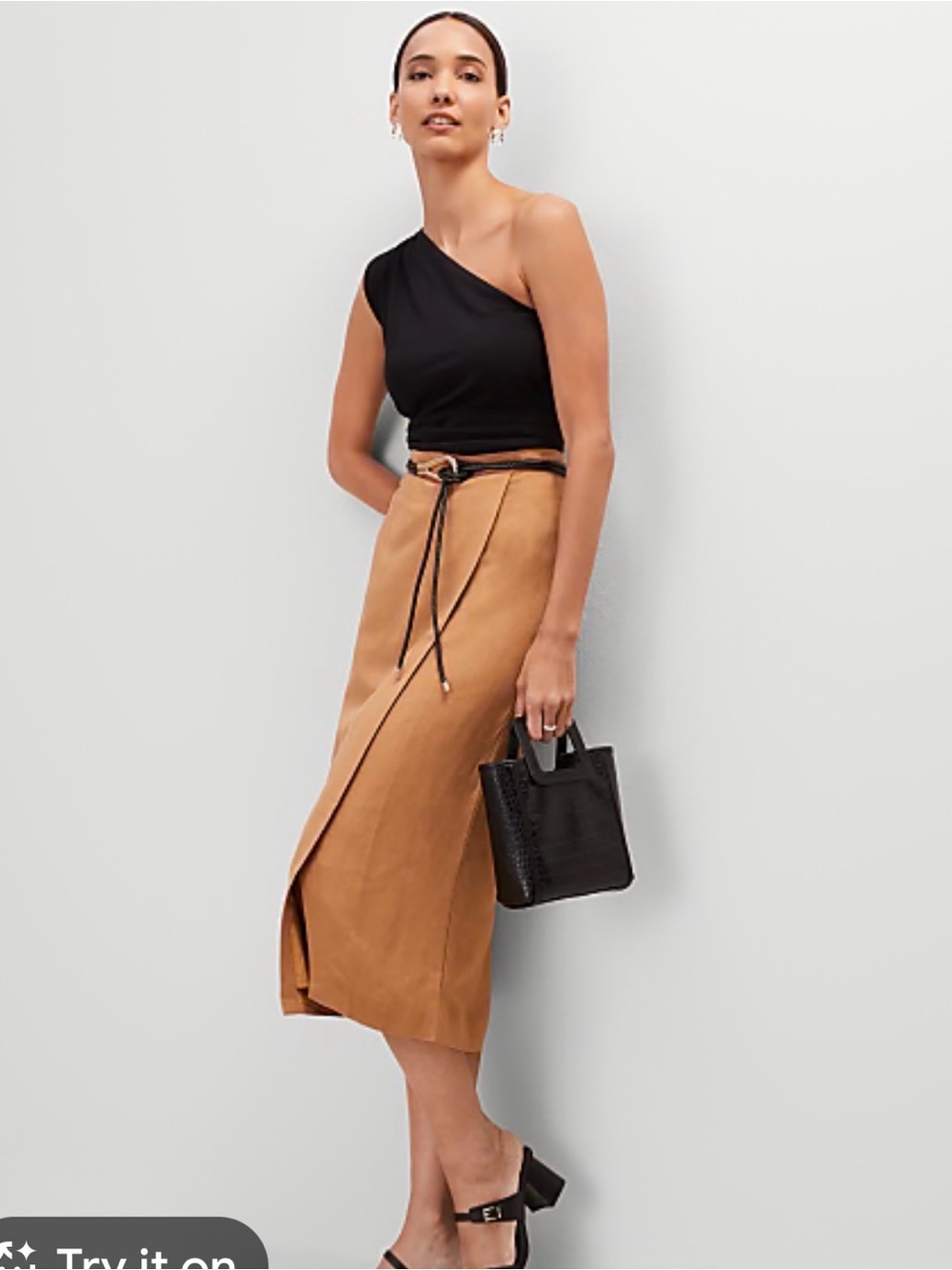 Ann Taylor Black One-Shoulder Top with Tan Wrap Midi Skirt